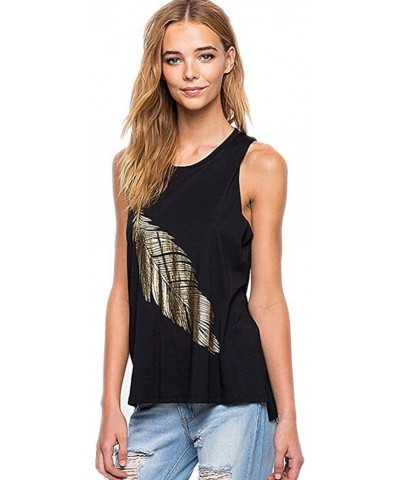 Women's Black Sleeveless Bronzing Feather Print Camisole Shirt Tank Top Tees I-Shaped Vest Black $10.06 Tanks