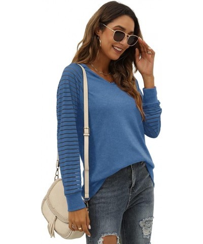 Womens Long Sleeve Tunic Tops Patchwork Sleeve Casual V Neck Loose Blouses Trendy 2023 D-light Blue $13.74 Tops