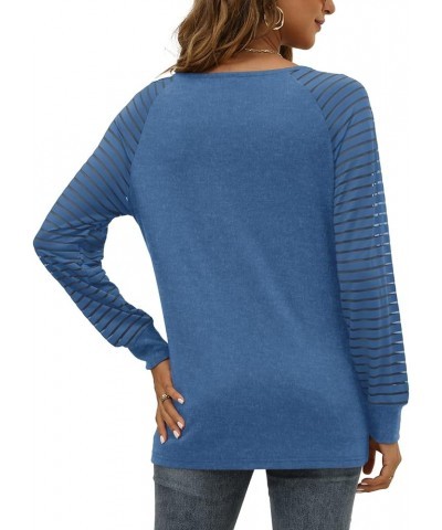 Womens Long Sleeve Tunic Tops Patchwork Sleeve Casual V Neck Loose Blouses Trendy 2023 D-light Blue $13.74 Tops