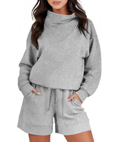 Women's 2 Piece Outfits Sweatsuits Cowl Neck Sweatshirts & Lounge Shorts Tracksuit Sets Grey $17.35 Activewear