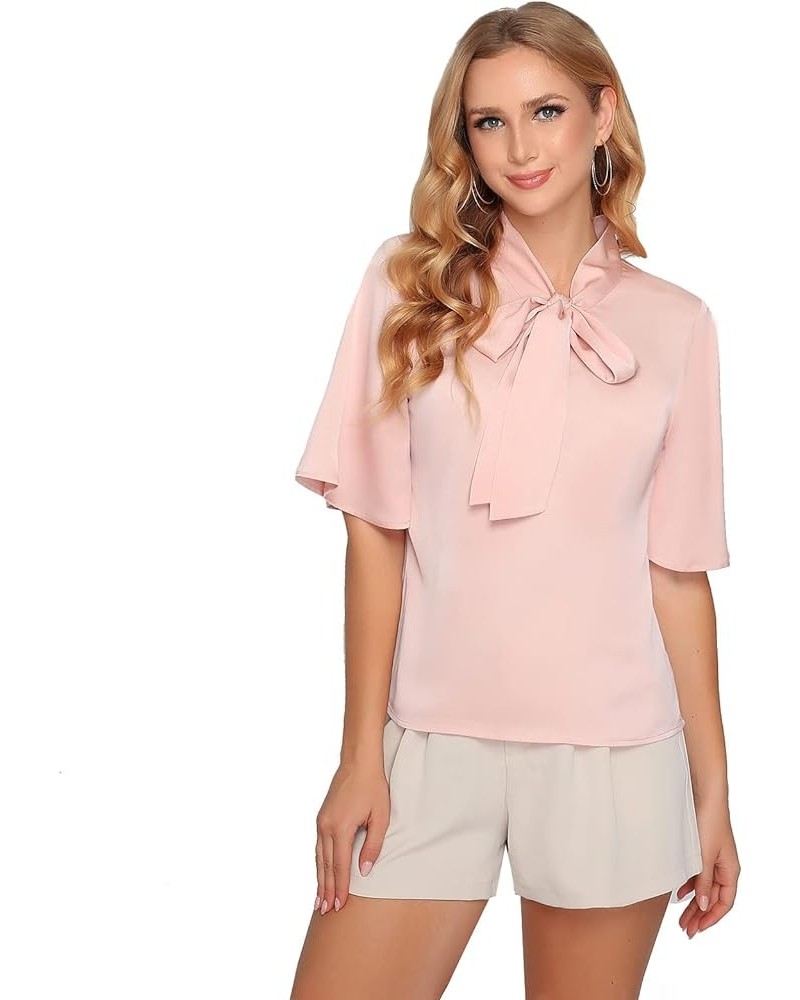 Women Bow Tie Neck Ruffle Short Sleeve Blouse Summer Casual Shirt Tops Standard Pink $17.10 Blouses