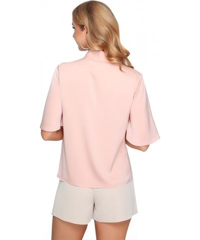 Women Bow Tie Neck Ruffle Short Sleeve Blouse Summer Casual Shirt Tops Standard Pink $17.10 Blouses