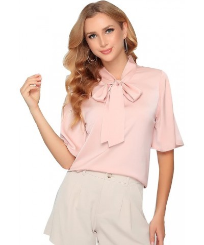 Women Bow Tie Neck Ruffle Short Sleeve Blouse Summer Casual Shirt Tops Standard Pink $17.10 Blouses