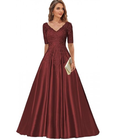 Lace Mother of The Bride Dresses for Women Long Satin Formal Dress with Sleeves V Neck Evening Party Gown Burgundy $34.83 Dre...