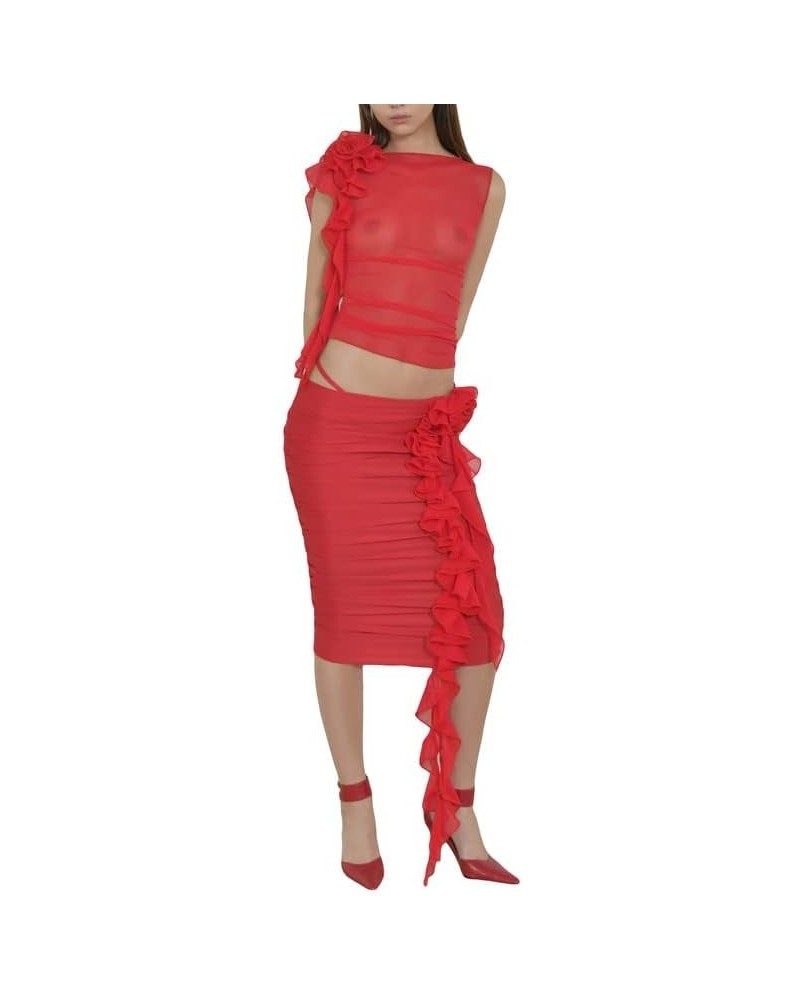 Women Sexy Two Piece Skirt Sets Sleeveless Crop Tops Bodycon Mini Skirts Solid Color Night Party Club Outfit C4- Red $10.63 S...