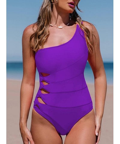 Women's One Piece Swimsuit One Shoulder Waist Cut Out Bathing Suit Purple $17.91 Swimsuits