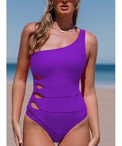 Women's One Piece Swimsuit One Shoulder Waist Cut Out Bathing Suit Purple $17.91 Swimsuits