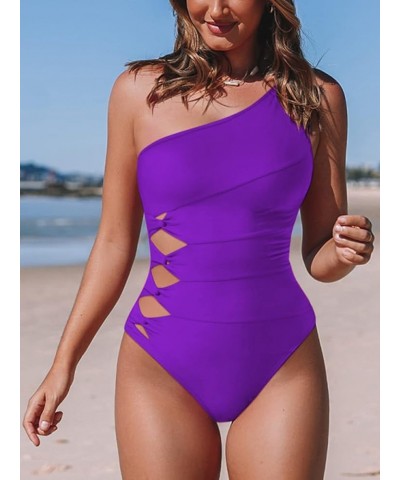 Women's One Piece Swimsuit One Shoulder Waist Cut Out Bathing Suit Purple $17.91 Swimsuits