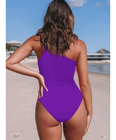 Women's One Piece Swimsuit One Shoulder Waist Cut Out Bathing Suit Purple $17.91 Swimsuits