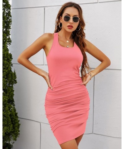 Womens Ruched Bodycon Dresses Causal Summer Sexy Sleeveless Tank Short Mini Dress Orange Pink $18.39 Dresses