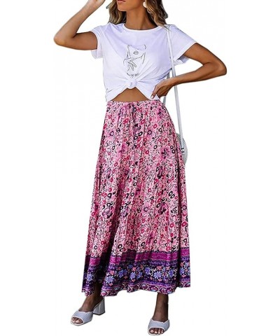 Women's 2024 Bohemian Floral Printed Elastic Waist A Line Maxi Skirt with Pockets Floral Purple $23.84 Skirts