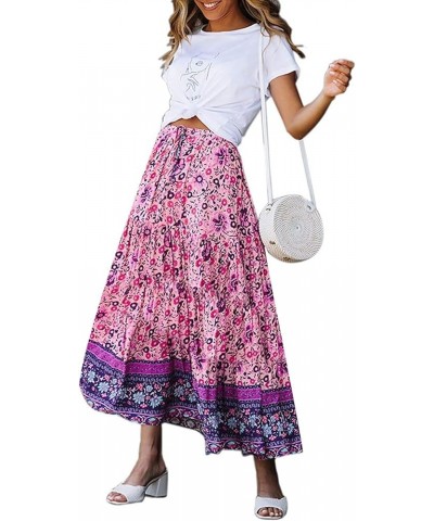 Women's 2024 Bohemian Floral Printed Elastic Waist A Line Maxi Skirt with Pockets Floral Purple $23.84 Skirts