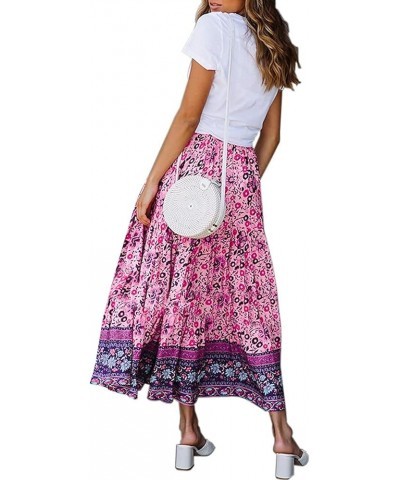 Women's 2024 Bohemian Floral Printed Elastic Waist A Line Maxi Skirt with Pockets Floral Purple $23.84 Skirts