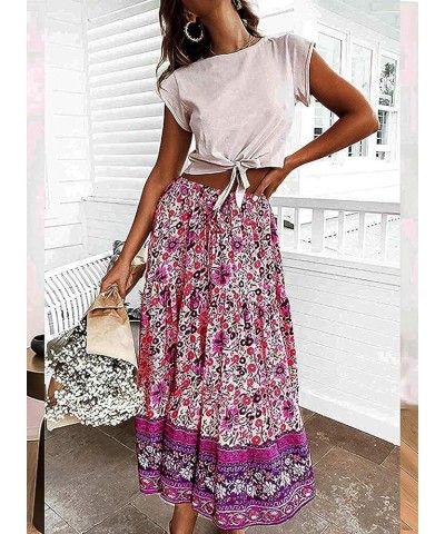 Women's 2024 Bohemian Floral Printed Elastic Waist A Line Maxi Skirt with Pockets Floral Purple $23.84 Skirts