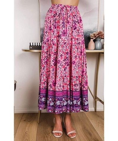 Women's 2024 Bohemian Floral Printed Elastic Waist A Line Maxi Skirt with Pockets Floral Purple $23.84 Skirts