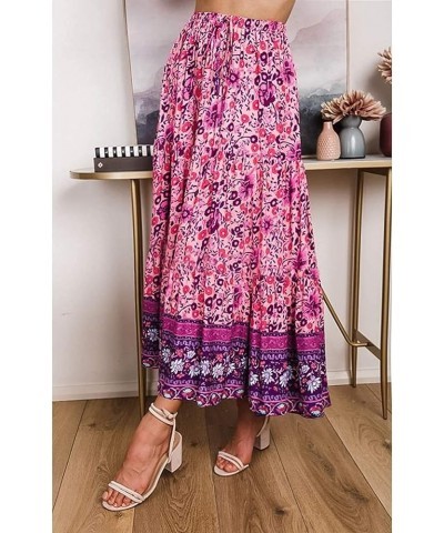 Women's 2024 Bohemian Floral Printed Elastic Waist A Line Maxi Skirt with Pockets Floral Purple $23.84 Skirts