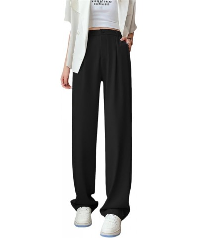 Women's Solid Color High-Waisted Pants Spring and Summer Korean Style Straight-Leg Pants Office Workers Wide-Leg Pants Black ...