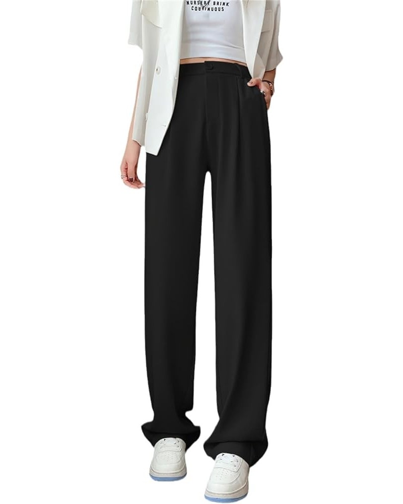 Women's Solid Color High-Waisted Pants Spring and Summer Korean Style Straight-Leg Pants Office Workers Wide-Leg Pants Black ...