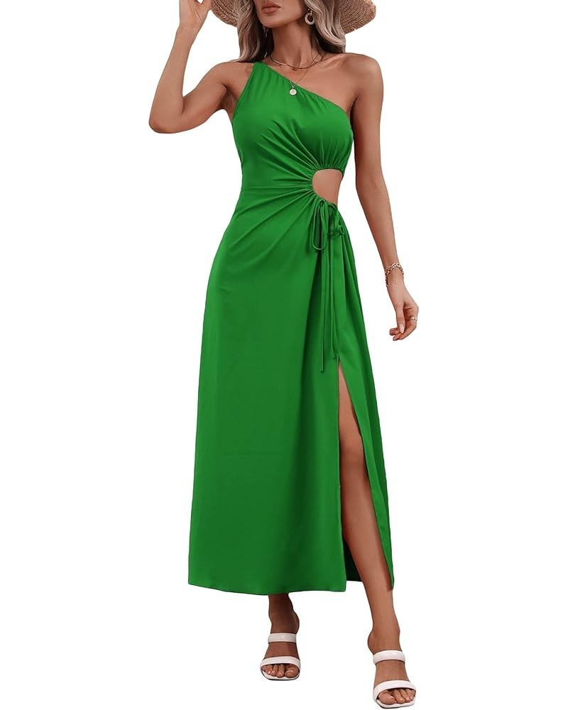 Women's One Shoulder Drawstring Cut Out Split Thigh Sleeveless A Line Long Dress Green $21.45 Jumpsuits