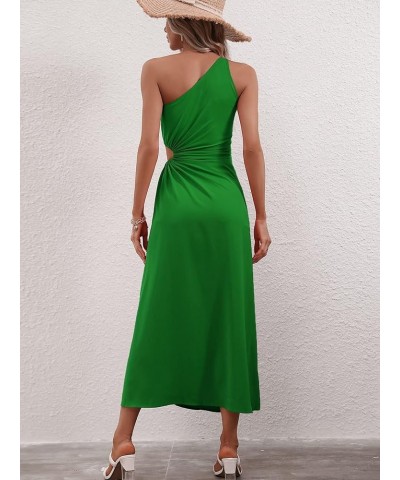 Women's One Shoulder Drawstring Cut Out Split Thigh Sleeveless A Line Long Dress Green $21.45 Jumpsuits