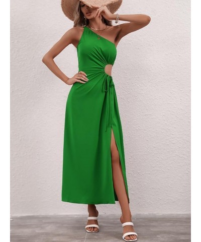 Women's One Shoulder Drawstring Cut Out Split Thigh Sleeveless A Line Long Dress Green $21.45 Jumpsuits