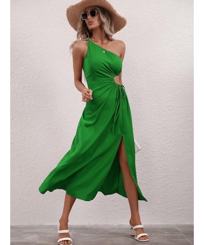 Women's One Shoulder Drawstring Cut Out Split Thigh Sleeveless A Line Long Dress Green $21.45 Jumpsuits