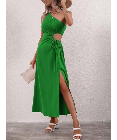 Women's One Shoulder Drawstring Cut Out Split Thigh Sleeveless A Line Long Dress Green $21.45 Jumpsuits