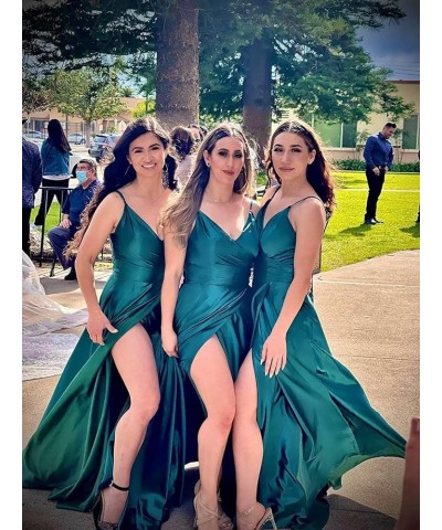 V Neck Bridesmaid Dresses Satin Long with Slit A-line Prom Dresses for Women Evening Party Gowns Wine Red $25.85 Dresses