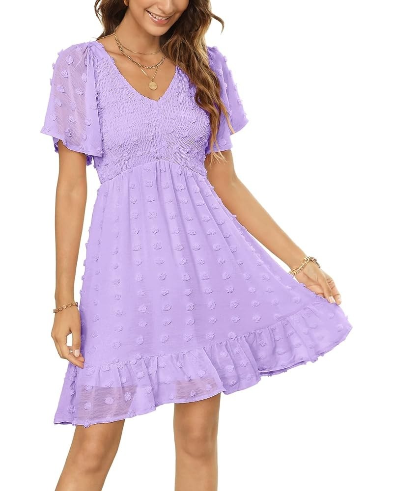 Women's 2024 Summer Spring Flowy Smocked Dress Short/Long Sleeve Ruffle Hem Swiss Dot V Neck Mini Dress Solid Lavender $14.69...