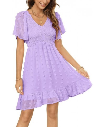 Women's 2024 Summer Spring Flowy Smocked Dress Short/Long Sleeve Ruffle Hem Swiss Dot V Neck Mini Dress Solid Lavender $14.69...