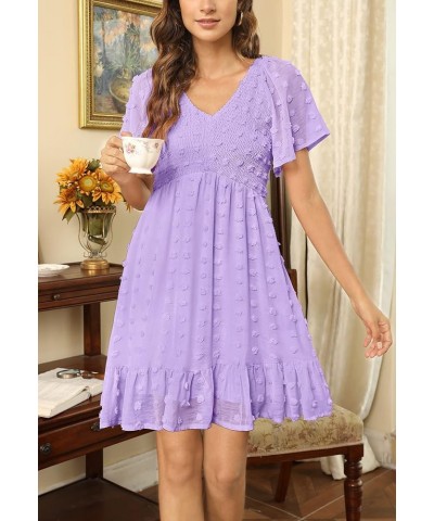 Women's 2024 Summer Spring Flowy Smocked Dress Short/Long Sleeve Ruffle Hem Swiss Dot V Neck Mini Dress Solid Lavender $14.69...