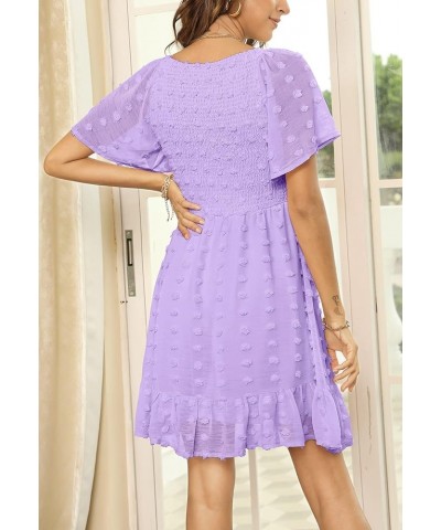 Women's 2024 Summer Spring Flowy Smocked Dress Short/Long Sleeve Ruffle Hem Swiss Dot V Neck Mini Dress Solid Lavender $14.69...