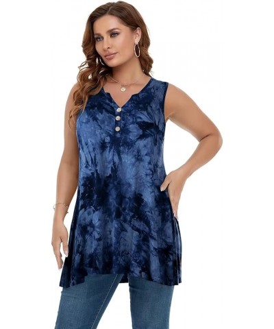 Womens Plus Size Tank Tops Summer Sleeveless V Neck Loose Tunics Shirts Tie Dye Casual Buttons Up Flowy Blouses Tie Dye-dark ...