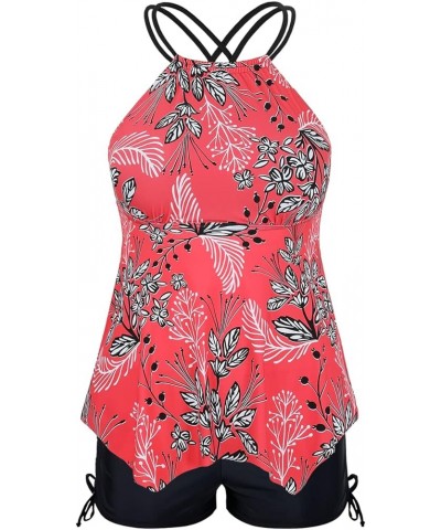 Plus Size Tankini Swimsuits for Women Flowy High Neck Bathing Suit Top with Shorts Cross Back 2 Piece Swimwear Red Floral $18...