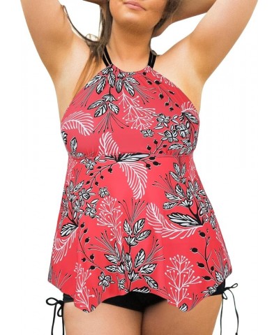 Plus Size Tankini Swimsuits for Women Flowy High Neck Bathing Suit Top with Shorts Cross Back 2 Piece Swimwear Red Floral $18...