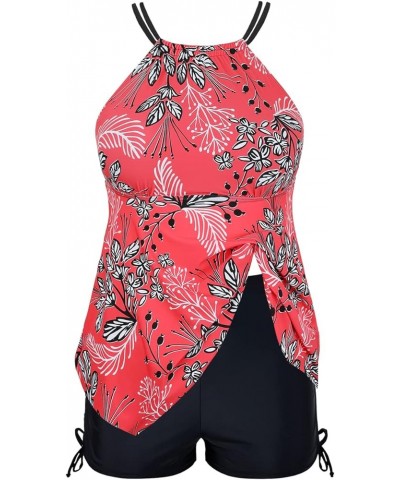 Plus Size Tankini Swimsuits for Women Flowy High Neck Bathing Suit Top with Shorts Cross Back 2 Piece Swimwear Red Floral $18...