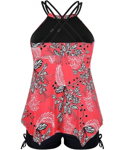 Plus Size Tankini Swimsuits for Women Flowy High Neck Bathing Suit Top with Shorts Cross Back 2 Piece Swimwear Red Floral $18...