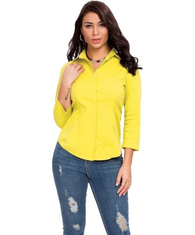 Womens Button Down Shirts Official Formal 3/4 Sleeve White Stretch Blouse Summer Dress Shirt Lemon Yellow $17.35 Blouses