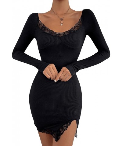Women's Lace Trim Scoop Neck Long Sleeve Split Hem Bodycon Mini Dress Black $11.19 Dresses