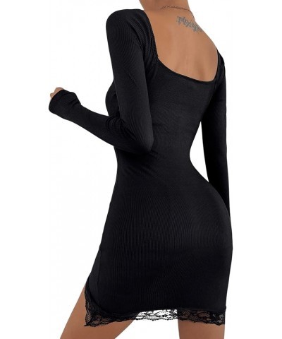 Women's Lace Trim Scoop Neck Long Sleeve Split Hem Bodycon Mini Dress Black $11.19 Dresses