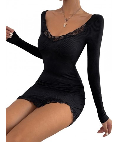 Women's Lace Trim Scoop Neck Long Sleeve Split Hem Bodycon Mini Dress Black $11.19 Dresses