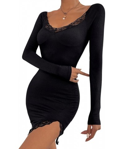 Women's Lace Trim Scoop Neck Long Sleeve Split Hem Bodycon Mini Dress Black $11.19 Dresses