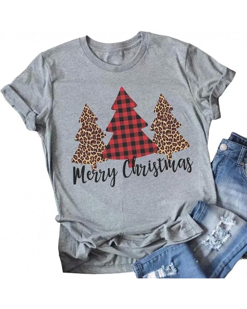 Merry Christmas Shirts for Women Leopard Plaid Christmas Tree Shirt Short Sleeve Holiday Tops Xmas Gifts 04 Gray $9.89 T-Shirts