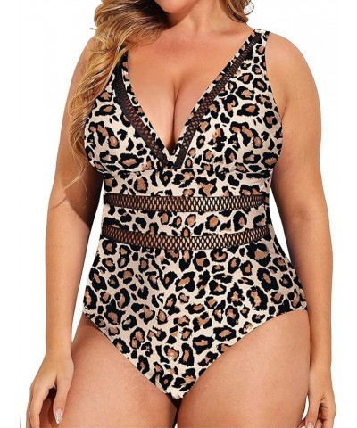 Women Plus Size One Piece Swimsuits Plunge Sexy V Neck Bathing Suit Hollowed Swimwear Leopard $15.52 Swimsuits