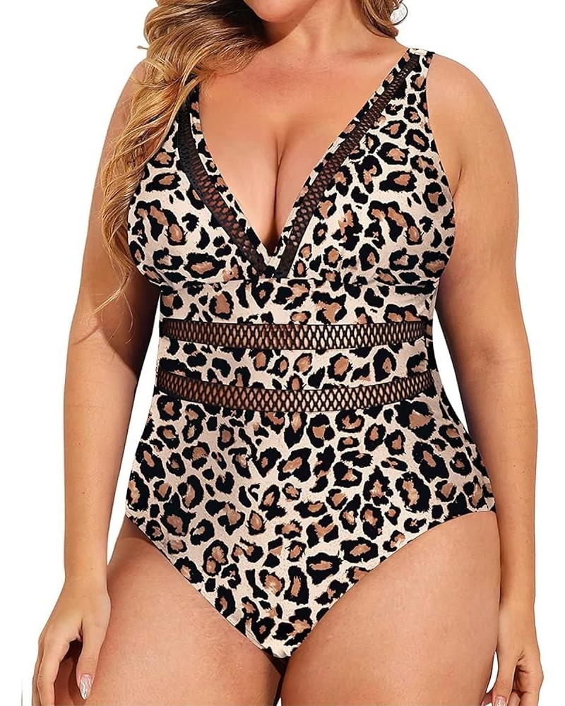 Women Plus Size One Piece Swimsuits Plunge Sexy V Neck Bathing Suit Hollowed Swimwear Leopard $15.52 Swimsuits