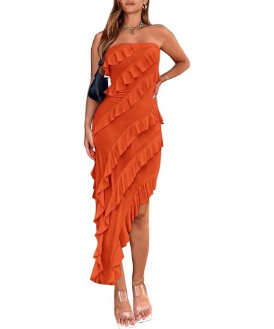 Women's Summer Long Formal Cocktail Dress Strapless Tube Asymmetrical Ruffle Maxi Bodycon Dresses Orange $24.63 Dresses