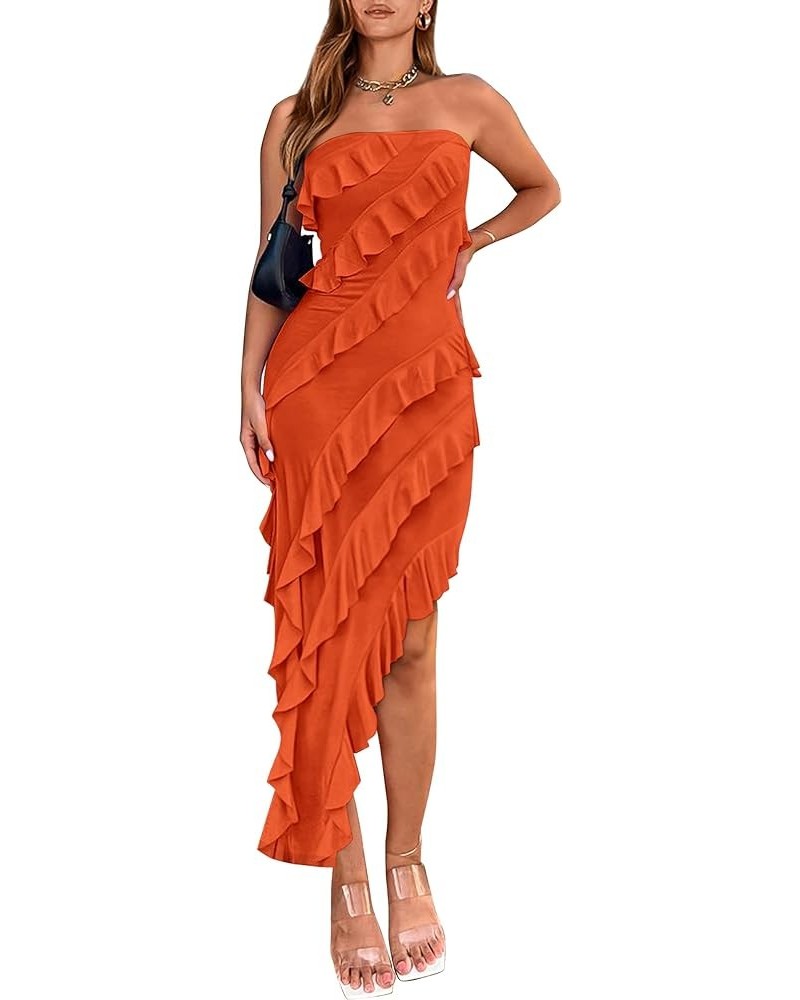 Women's Summer Long Formal Cocktail Dress Strapless Tube Asymmetrical Ruffle Maxi Bodycon Dresses Orange $24.63 Dresses