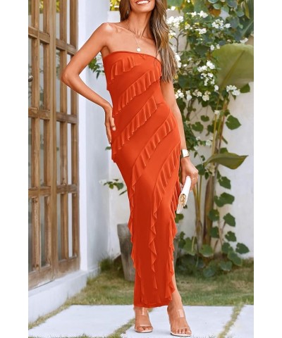 Women's Summer Long Formal Cocktail Dress Strapless Tube Asymmetrical Ruffle Maxi Bodycon Dresses Orange $24.63 Dresses