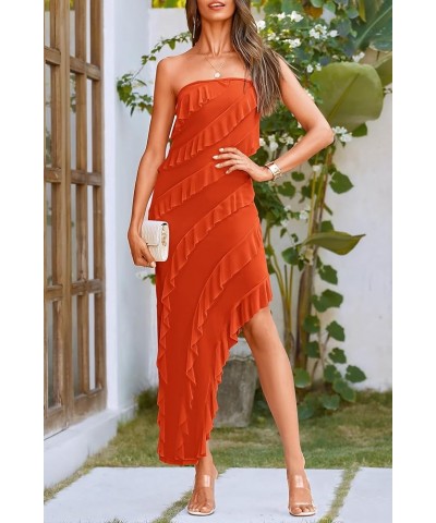 Women's Summer Long Formal Cocktail Dress Strapless Tube Asymmetrical Ruffle Maxi Bodycon Dresses Orange $24.63 Dresses