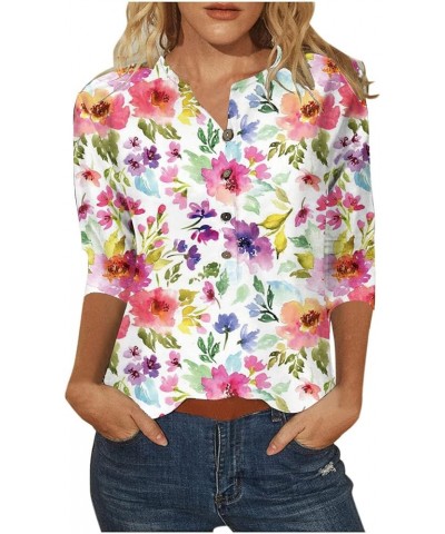 Womens 2024 Summer Tops Floral Printed Casual Button Round Neck 3/4 Sleeve Tshirts Ladies Loose Blouse Tunic Tops Pink $5.93 ...
